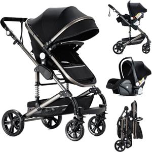 Reenborn Passeggino Trio, Passeggino 3 in 1 con Due Modi Reversibili Spingere, Trio Neonati con Design Pieghevole in Un Clic, Telaio Alluminio Paesaggistico Alto (739 Black)