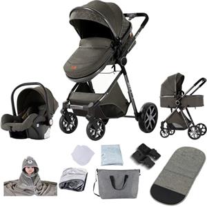 Reenborn Passeggino Trio, Passeggino 3 in 1 con Due Modi Reversibili Spingere, Trio Neonati con Design Pieghevole in Un Clic, Telaio Alluminio Paesaggistico Alto (V9 Dark Grey)
