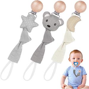 Vicloon Catenella Portaciuccio Neonato Personalizzato, 3 Pezzi Catenella Ciuccio, Catenella Portaciuccio Cotone Porta Succhietto Clip di Legno di Faggio, Catena Ciuccio per Ragazzi, Serie Grigio