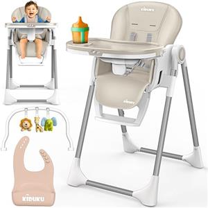 KIDUKU® Seggiolone Pappa Neonato 3 in 1 con Riduttore & Bavaglino | Seggiolone Pieghevole per Bebè e Bambini con Arco Giochi | Sedia Evolutiva Regolabile 7 Livelli | Crescita 0-36 Mesi (Beige)