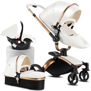 Reenborn Pelle PU Passeggino Trio, Passeggino 3 in 1 con Sedili Regolabili Rotanti 360°, Trio con Telaio Alluminio Paesaggistico Alto, Trio Passeggino Neonati Design Pieghevole in Un Clic (906 White)