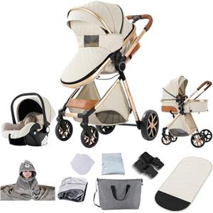 Reenborn Passeggino Trio, Passeggino 3 in 1 con Due Modi Reversibili Spingere, Trio Neonati con Telaio Alluminio Paesaggistico Alto, Design Pieghevole in Un Clic (V9 Creamy White)
