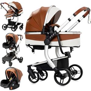 Reenborn Pelle PU Passeggino Trio, Passeggino 3 in 1 con Due Modi Reversibili Spingere, Trio con Telaio Alluminio Paesaggistico Alto, Trio Passeggino Neonati Design Pieghevole in Un Clic (518 Khaki)