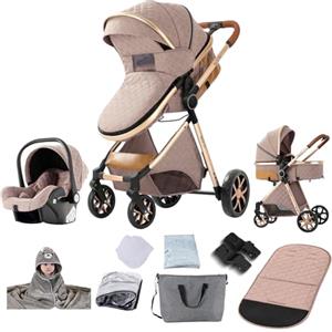 Reenborn Passeggino Trio, Passeggino 3 in 1 con Due Modi Reversibili Spingere, Trio Neonati con Telaio Alluminio Paesaggistico Alto, Design Pieghevole in Un Clic (V9 Khaki)