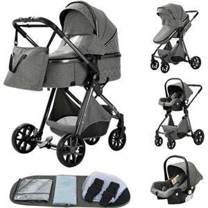 YAZOCO Passeggino Trio, 3 in 1 Carrozzina Multifunzionale Carrozzina Ovetto Pieghevole Set Passeggino Neonato Sedili Parapiedi Zanzariere