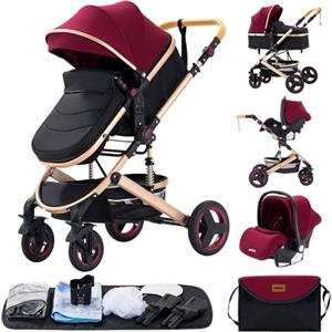GLOKID Passeggino 3 in 1，Passeggino Canne，Trio，Con Seggiolino Accessori，Adattatori universali，Passeggino per bambini fino a 25 kg，4 ruote con ammortizzatori，navicella，grandi ruote (530 rosso)