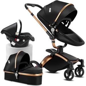 Reenborn Pelle PU Passeggino Trio, Passeggino 3 in 1 con Sedili Regolabili Rotanti 360°, Trio Neonati con Telaio Alluminio Paesaggistico Alto, Design Pieghevole in Un Clic (906 Black)