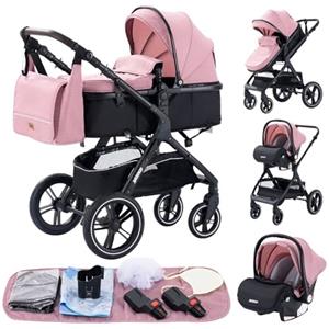 GLOKID Passeggino 3 in 1，Passeggino Canne，Trio，Con Seggiolino Accessori，Adattatori universali，Passeggino per bambini fino a 25 kg，4 ruote con ammortizzatori，navicella，grandi ruote (x1 rosa)