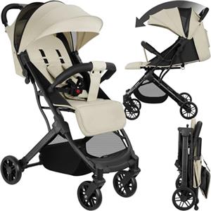 tectake® Passeggino Pieghevole, Passeggino Leggero con Cintura a 5 Punti Regolabile, Freno a Pedale, Tettuccio Pieghevole con Finestra, Ruote Girevoli,Passeggino per Bambini da 0 a 3 Anni-Grigio/Beige