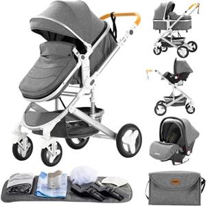 GLOKID Passeggino 3 in 1，Passeggino Canne，Trio，Con Seggiolino Accessori，Adattatori universali，Passeggino per bambini fino a 25 kg，4 ruote con ammortizzatori，navicella，grandi ruote (530 grigio)