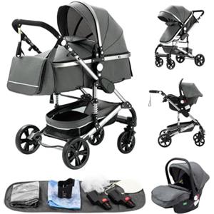 GLOKID Passeggino 3 in 1，Passeggino Canne，Trio，Con Seggiolino Accessori，Adattatori universali，Passeggino per bambini fino a 25 kg，4 ruote con ammortizzatori，navicella，grandi ruote (739 grigio)