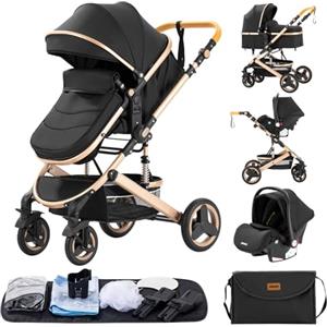 GLOKID Passeggino 3 in 1，Passeggino Canne，Trio，Con Seggiolino Accessori，Adattatori universali，Passeggino per bambini fino a 25 kg，4 ruote con ammortizzatori，navicella，grandi ruote (530 nero)