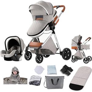 Reenborn Passeggino Trio, Passeggino 3 in 1 con Due Modi Reversibili Spingere, Trio con Telaio Alluminio Paesaggistico Alto, Tris Passeggini Neonati Design Pieghevole in Un Clic (V9 Light Grey)