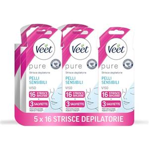 Veet Strisce Depilatorie Viso Pelli sensibili, Ipoallergeniche, 5 Confezioni da 16 Strisce, Maxi formato