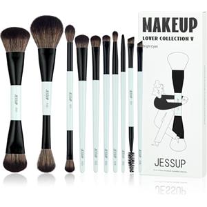 Jessup pennelli trucco, 10pz pennelli make up, 14-in-10 duo-end pennelli collezione versatilità, fondotinta polvere ombretto contorno occhi eyeliner evidenziatore fard pennello, ciano brillante T500
