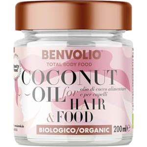 BENVOLIO - Olio di Cocco per Capelli Biologico Total Body Food | 200ml | per Capelli Ricci, Secchi o Crespi | Termoprotettore, Leave in Conditioner | Alimentare | Coconut Oil For Hair