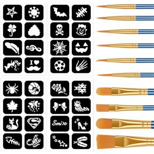 Alaoo Truccabimbi Kit, 4 fogli Stencil di Pittura del Viso, Modello Riutilizzabile per Il Trucco, Con 10 Pennelli Professionali, Adatto per Halloween, Carnevale, Natale(C)
