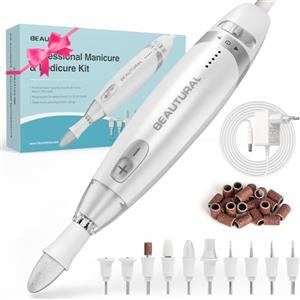 BEAUTURAL Fresa per Unghie Professionale, Set Manicure, Kit Manicure e Pedicure Elettrico con 10 Accessori, 20 Fasce Abrasive, Custodia e Luce LED