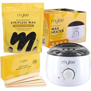 Mylee Kit per ceretta professionale con scaldacera elettrico, 500 g perle cera dura, spatole - epilazione senza strisce per viso, gambe, bikini, corpo, zone sensibili (500g, Carbone e Tè Verde)