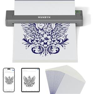MUNBYN ITP05 Stampante Stencil Tattoo, 20 Fogli di Carta da Stampante Tattoo, Stampante Termica Tattoo Stampante Bluetooth, Compatibile Con Smartphone, PC, Grigio