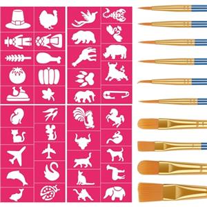 Alaoo Truccabimbi Kit, 4 fogli Stencil di Pittura del Viso, Modello Riutilizzabile per Il Trucco, Con 10 Pennelli Professionali, Adatto per Halloween, Carnevale, Natale(D)