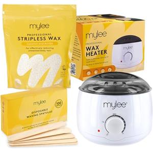 Mylee Kit per ceretta professionale con scaldacera elettrico, 500 g perle cera dura, spatole - epilazione senza strisce per viso, gambe, bikini, corpo, zone sensibili (500g, Cocco e Arnica)