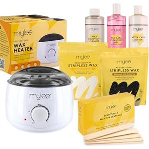 Mylee Kit professionale completo per ceretta + Scaldacera, Perle di cera dura 500 g, Spatole per applicazione, Gel pre e post depilazione, Detergente per attrezzatura (Set con entrambe le cere)