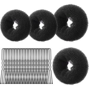 URAQT Ciambelle per Chignon, 4 Pz Chignon Facile per Capelli e 30 Clip a Forma di U, Chignon a Ciambella per Bambine e Donne, Magic Hair Bun Maker per Acconciature Chignon (Nero-A)