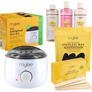 Mylee Kit professionale completo per ceretta + Scaldacera, Perle di cera dura 500 g, Spatole per applicazione, Gel pre e post depilazione, Detergente per attrezzatura (Carbone e Tè verde)