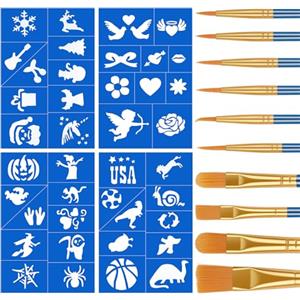 Alaoo Truccabimbi Kit, 4 fogli Stencil di Pittura del Viso, Modello Riutilizzabile per Il Trucco, Con 10 Pennelli Professionali, Adatto per Halloween, Carnevale, Natale(B)