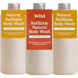 Wild Bagnoschiuma naturale ricaricabile 300ml - 3 ricariche di gel doccia in varie profumazioni - Aromi Honey & Almond, Amber & Oud e Santorini Sunset