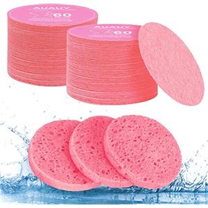 AUAUY 60Pz Spugnette Viso Pulizia, Viso Compressa Spugna, 100% Naturale Compresse Spugne per Viso in Cellulosa per la Pulizia del Facial, Esfoliante, Rimozione Trucco (Rosa)