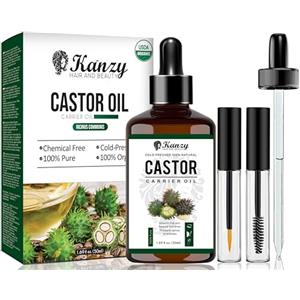 Kanzy Olio di Ricino per Ciglia e Sopracciglia 50ml Olio di Ricino per Capelli, Unghie, Pelle e Barba 100% Pura Biologico Castor Oil con Set di Pennelli