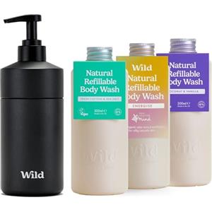 Wild Starter kit per bagnoschiuma naturale ricaricabile - Include una custodia in alluminio nero e 3 ricariche di gel doccia - Aromi Coconut & Vanilla, Fresh Cotton e Energise