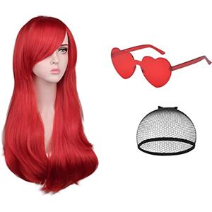 AOMIG Capelli Lunghi Mossi Ricci, 3 Pcs Parrucca Rossa Lunga Parrucche Donna rossa con Occhiali e Retine per Parrucche, Parrucche a Onde Lunghe Parrucca Sintetica per Cosplay, Festa, Uso Quotidiano