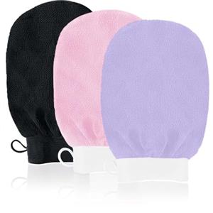 URAQT Guanto Esfoliante da Bagno, 3 Pezzi Guanto Doccia Guanto,Scrub Corpo in Filato Sintetico, Guanti Esfolianti per Doccia, Spa, Massaggi e Rimozione delle Cellule Morte, Nero, Rosa, Viola