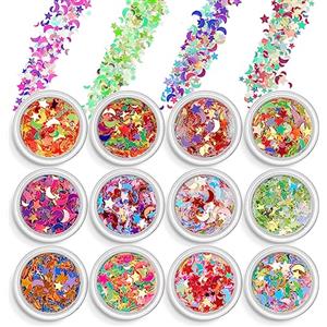 AOOWU Paillettes Unghie, 12 Colori Glitter Unghie Paillettes Polvere Kit Polvere Glitterata, Brillantini Unghie Olografico Porporina Polver Decorazioni Nail per Unghie DIY Viso Corpo Occhi(14#)