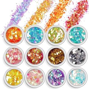 AOOWU Paillettes Unghie, 12 Colori Glitter Unghie Paillettes Polvere Kit Polvere Glitterata, Brillantini Unghie Olografico Porporina Polver Decorazioni Nail per DIY Viso Corpo Occhi(02#Poligono)