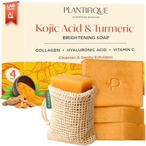 PLANTIFIQUE Turmeric & Kojic Acid Soap | Sapone Esfoliante Viso e Corpo con Sacchetto in Rete | Saponetta Detergente Solida Scrub Donna e Uomo | Peeling Naturale e Tono Pelle Uniforme | 4 Pezzi