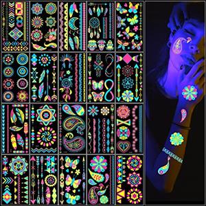 ACWOO Fluo Tatuaggi Temporane, 20 Fogli Disegni Assortiti UV Neon Tatuaggi Adesivi Fluorescenti, Neon Tatuaggi Adesivi Impermeabili per Donna Bambini Fluo Party, Trucchi fluo, Halloween, Rave (20PCS)