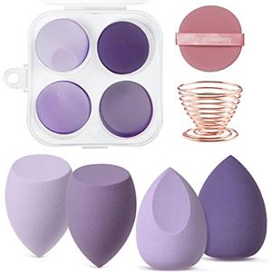 AUAUY Spugnette Trucco, Spugna di Bellezza per Fondotinta 4 pz con 1 Supporto e 1 piumino da cipria，applicatore cosmetico multicolore per uso asciutto e bagnato per Liquidi, Crema e Polvere （Porpora）