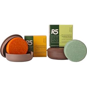 R5, Kit 1 Shampoo Solido Idratante e 1 Docciaschiuma Solido Nutriente al Profumo di Fiori, 2 Portasaponi in Plastica 100% Riciclata, Ecostenibili, Vegan, Made in Italy, Idea Regalo