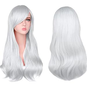 AOMIG Capelli Lunghi Mossi Ricci, 3 Pcs Parrucca Riccia Donna con Occhiali e Retine per Parrucche, Parrucche a Onde Lunghe Parrucca Sintetica per Carnevale, Cosplay, Festa, Uso Quotidiano(Bianco)