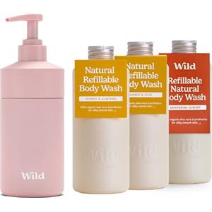 Wild Starter kit per bagnoschiuma naturale ricaricabile - Include una custodia in alluminio rosa e 3 ricariche di gel doccia - Aromi Honey & Almond, Amber & Oud e Santorini Sunset