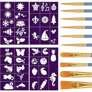 Alaoo Truccabimbi Kit, 4 fogli Stencil di Pittura del Viso, Modello Riutilizzabile per Il Trucco, Con 10 Pennelli Professionali, Adatto per Halloween, Carnevale, Natale(A)