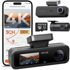 70mai Dash Cam Auto 4K 3 Canali T800E, Telecamera Tripla Anteriore e Posteriore 4K+1080P+1080P, HDR, Visione Notturna IR, Modalità Parcheggio, F1.55, GPS, Supercondensatore, 64 GB SD Inclusa