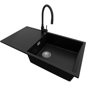 PRIMAGRAN Lavandino da Cucina Nero 90x50cm, Lavello in Granito a 1 vasca + Rubinetto 40x38cm + Sifone Classico, Lavabo Incasso al mobile 60cm - Ibiza S050