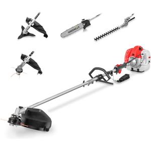 GREENCUT GM650X-5 - Decespugliatore Multifunzione 5 in 1, Motore a Benzina 2 Tempi, 5 Accessori Intercambiabili, Decespugliatore, Tagliasiepi e Potatore per Giardino