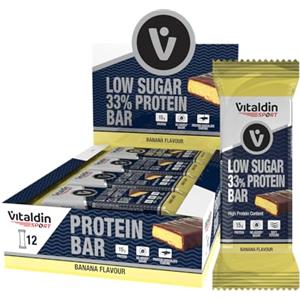 VITALDIN SPORT Low Sugar 33% Protein Bar Banana - Barrette Proteiche Senza Zucchero - 12u x 45g - Barrette Energetiche Pesoforma - Proteine Vegane - Contribuisce alla crescita dei tuoi muscoli.