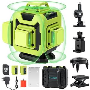 Stanew Livella Laser Autolivellante 4 X 360 °,Verde Livella Laser 16 Linee con Autolivellante IP54, 2 x 2400mAh Batterie, Autolivellante, Supporto rotante, Telecomando, Base Magnetica